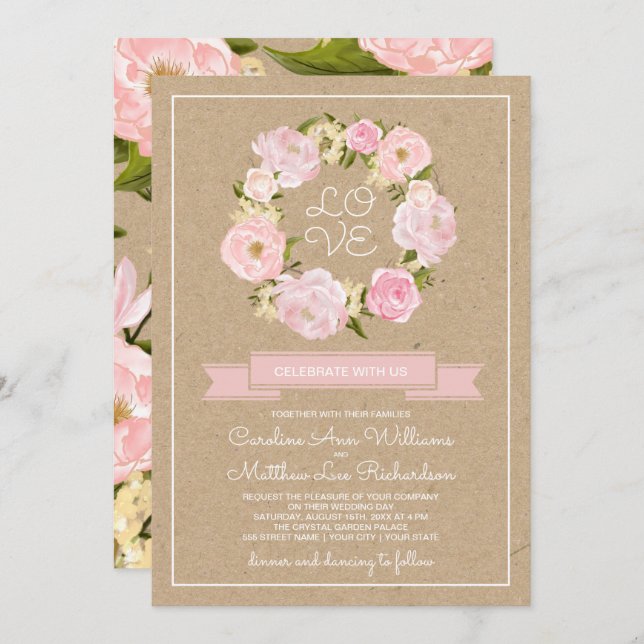 Blush Pink Peony Wreath Kraft Papier Hochzeit Einladung (Vorne/Hinten)