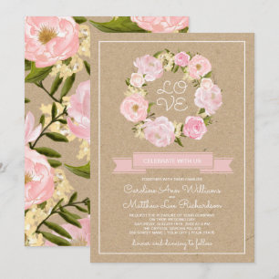 Blush Pink Peony Wreath Kraft Papier Hochzeit Einladung