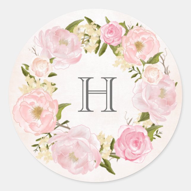 Blush Pink Peony Wreath Monogram Wedding Runder Aufkleber (Vorderseite)