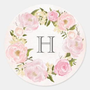 Blush Pink Peony Wreath Monogram Wedding Runder Aufkleber