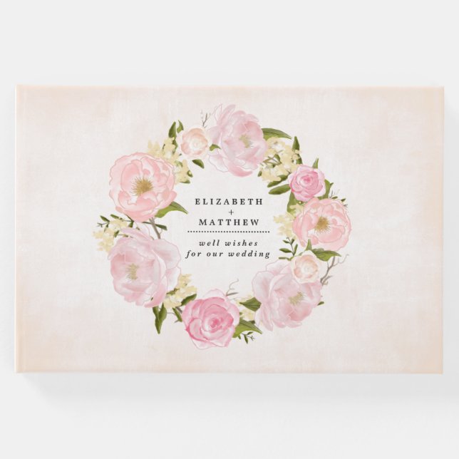 Blush Pink Peony Wreath Watercolor Wedding Gästebuch (Vorderseite)