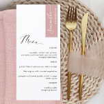 Blush Pink Personalisiert mit Gast Name Elegant Menükarte<br><div class="desc">Warum in Platzkarten und Menükarten verbringen, wenn Sie ein elegantes All-in-One-Menü personalisiert mit jedem Gast-Namen haben können! Modernes, einfaches und elegantes Design mit schöner moderner handgeschriebener Kalligraphie. Streifen Sie oben rechts im rot-rosa Ton mit dem Namen des Gastes in Weiß. Zurück im gleichen rot rosa wie Streifen. Möglichkeit, die Streifen...</div>
