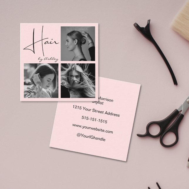 Blush Pink Photo Black Script Hair Stylist  Quadratische Visitenkarte (Von Creator hochgeladen)