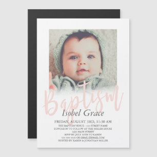 Blush Pink Pinselstriche Script Foto Taufe Magneteinladung