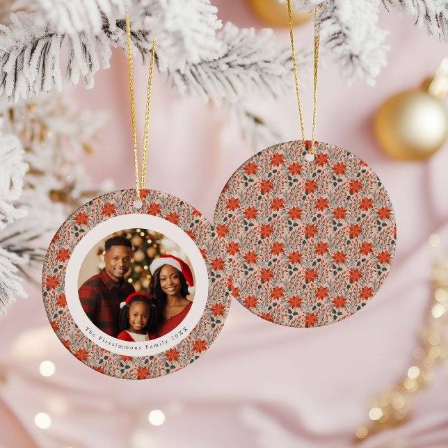 Blush Pink Poinsettia 1 Family Photo Christmas Keramik Ornament (Poinsettia Season 1 Sided Photo Christmas Ornament blush pink)