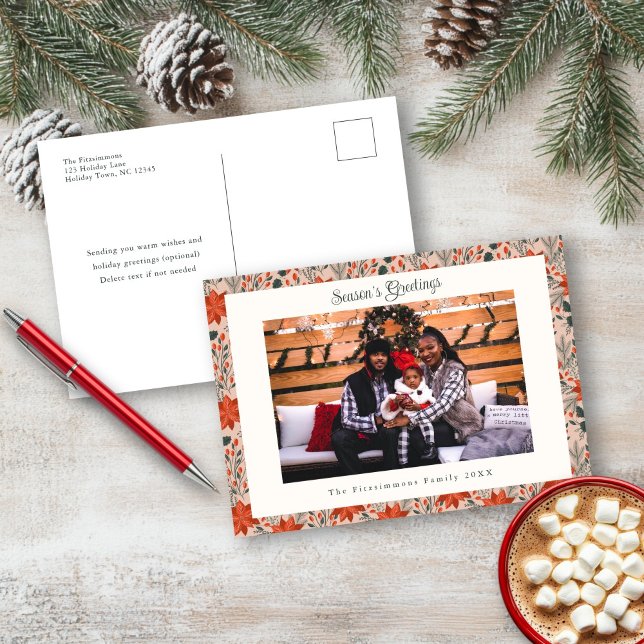 Blush Pink Poinsettia Weihnachts-Foto Postcard Feiertagspostkarte (Poinsettia Season Photo Christmas Postcard blush pink)