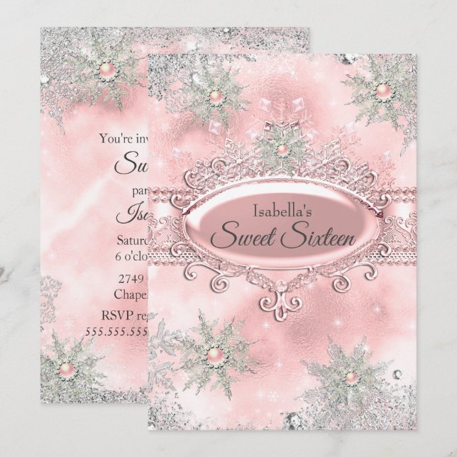 Blush Pink Princess Winter Wonderland Sweet 16 Einladung (Vorne/Hinten)