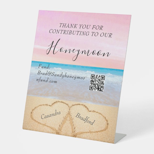 Blush Pink Purp Beach Hochzeit 2 Herzen im Sand Sockelschild (Vorderseite)