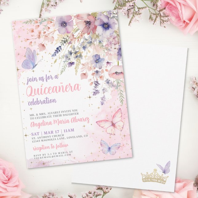 Blush Pink Purple Floral Butterfly Quinceanera Einladung (Blush Pink Purple Floral Butterfly Quinceanera Invitation)