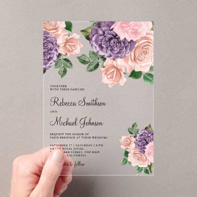 Blush Pink Purple Floral Wedding Acryleinladungen (Insitu (Handheld))
