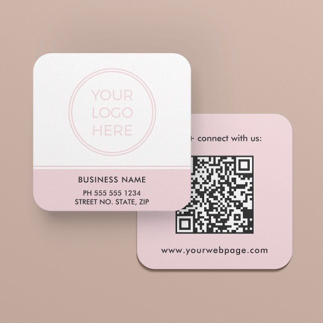 Blush Pink QR Code Logo Square Business Card Quadratische Visitenkarte (A square card in 2.5 inches is shown. Choose paper and corner style.)