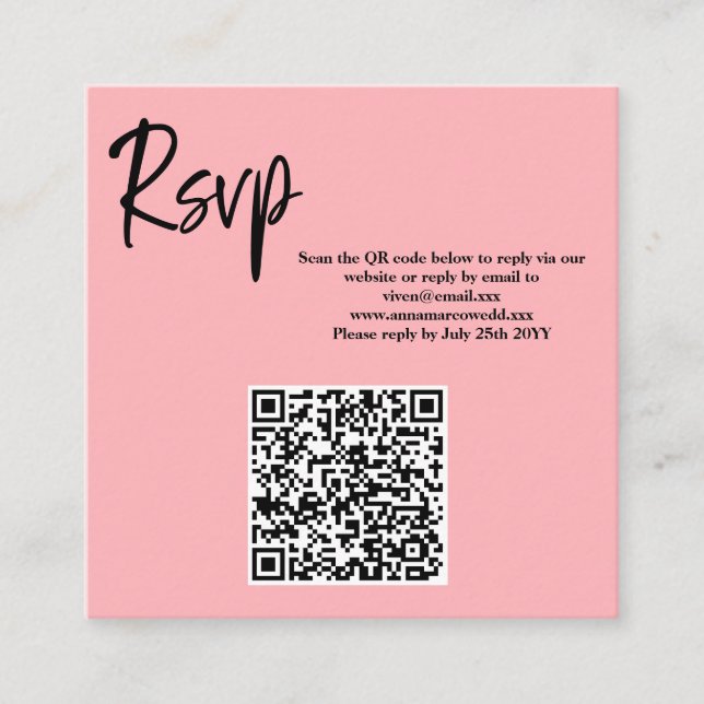 Blush Pink QR Code RSVP Card  Quadratische Visitenkarte (Vorderseite)