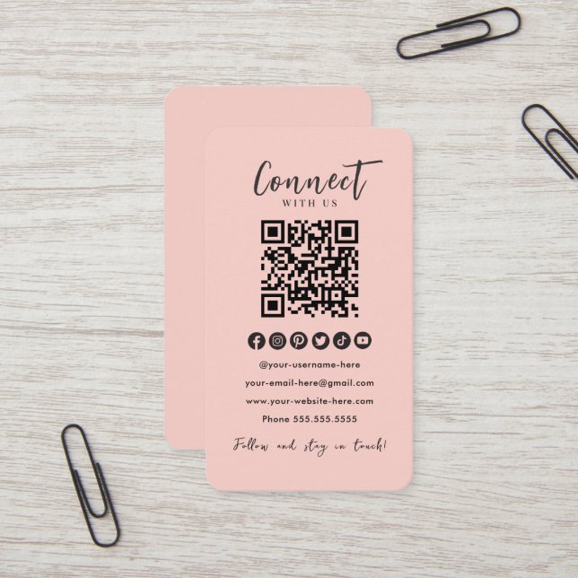 Blush Pink QR Code Verbindung mit unseren Social M Visitenkarte (Vorderseite/Rückseite Beispiel)