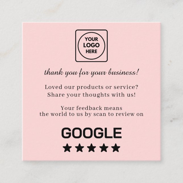 Blush Pink QR | Google Reviews Custom Feedback  Quadratische Visitenkarte (Vorderseite)