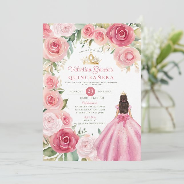 Blush Pink Quinceañera 15 Anos Flowers Gold  Einladung (Stehend Vorderseite)