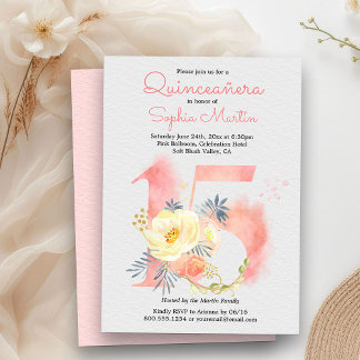 Blush Pink Quinceanera Blumennummer 15 Geburtstag Einladung