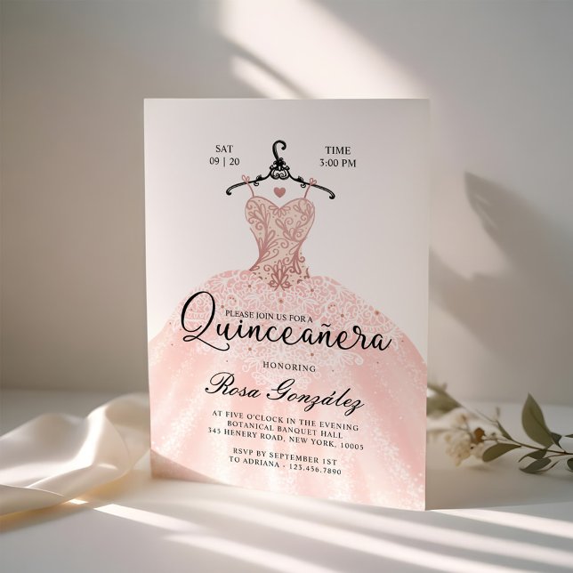 Blush Pink Quinceañera Roya Goya White Einladung (Blush Pink Quinceañera Roya Gown White Invitation)