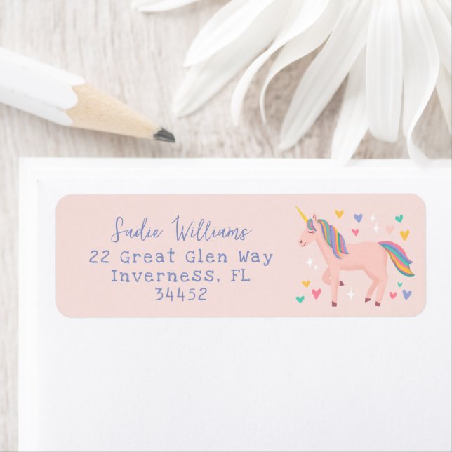Blush Pink Rainbow Unicorn Kinder Adresse (Insitu)