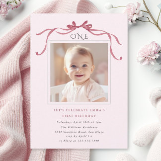 Blush Pink Red Bow Girl 1st Birthday Party Einladung