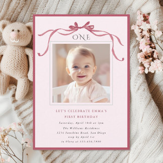 Blush Pink Red Bow Girl 1st Birthday Party Einladung
