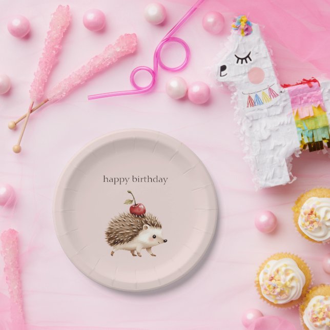 Blush Pink Red Cherry Adorable Hedgehog Birthday Pappteller (Party)