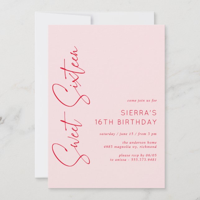 Blush Pink Red Script Sweet 16 Birthday Party Einladung (Vorderseite)