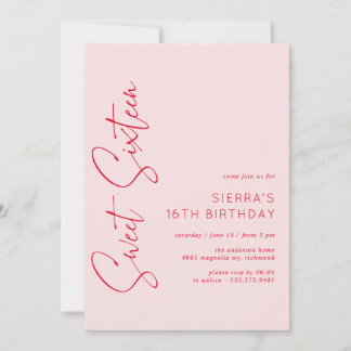 Blush Pink Red Script Sweet 16 Birthday Party Einladung
