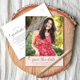 Blush Pink Rett Date Foto Abschluss Script Herz Einladungspostkarte