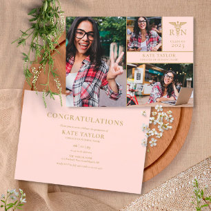 Blush Pink RN Pflege 3-Foto Graduierungsparty Einladung