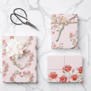 Blush Pink Romantische Rote Rose Blumenkohl Hochze Geschenkpapier Set