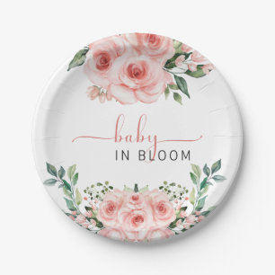 Blush Pink Rose Baby in Blütendusche Windelwindung Pappteller