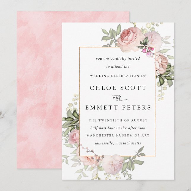 Blush Pink Rose Bloral Hochzeitseinladung Einladung (Vorne/Hinten)