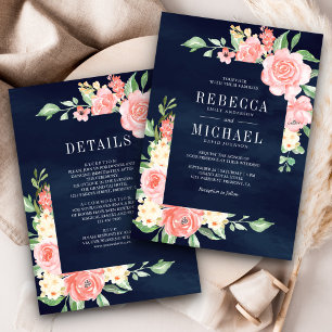 Blush Pink Rose Blues All in One Navy Wedding Einladung
