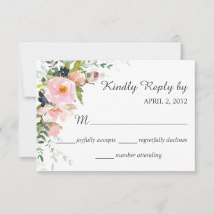 Blush Pink Rose Blues Bouquet Wedding RSVP Karte