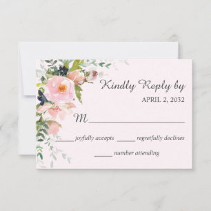 Blush Pink Rose Blues Bouquet Wedding RSVP Karte