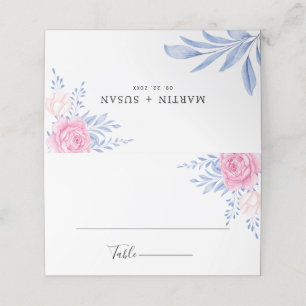 Blush Pink Rose Blumenbläschen Dusty Blue Blätter Platzkarte