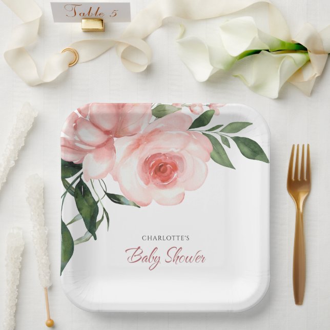 Blush Pink Rose Blumenspülung Baby Dusche Pappteller (Hochzeit)