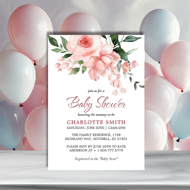 Blush Pink Rose Blumenwasser Aquarell Kinderdusche Einladung (Blush Pink Rose Floral Watercolor Baby Shower Invitation)