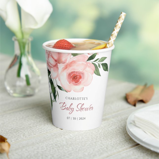 Blush Pink Rose Blumenwasser Aquarell Kinderdusche Pappbecher (In Situ)