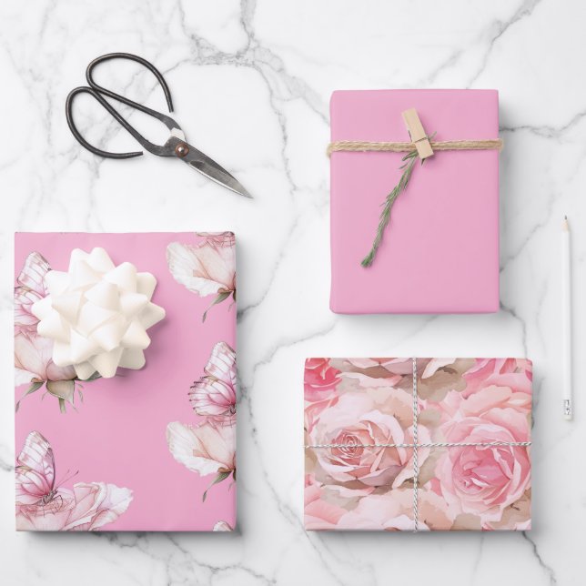 Blush Pink Rose Butterfly Birthday Geschenkpapier Set (Vorderseite)