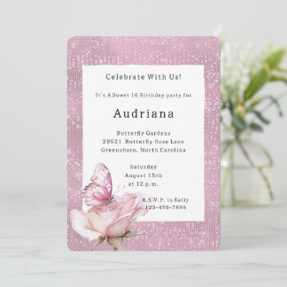 Blush Pink Rose Butterfly Sparkle Birthday Einladung