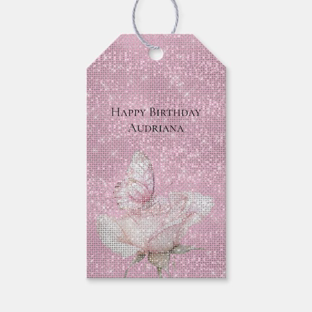 Blush Pink Rose Butterfly Sparkle Birthday Geschenkanhänger (Vorderseite)