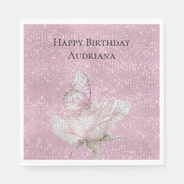Blush Pink Rose Butterfly Sparkle Birthday Serviette
