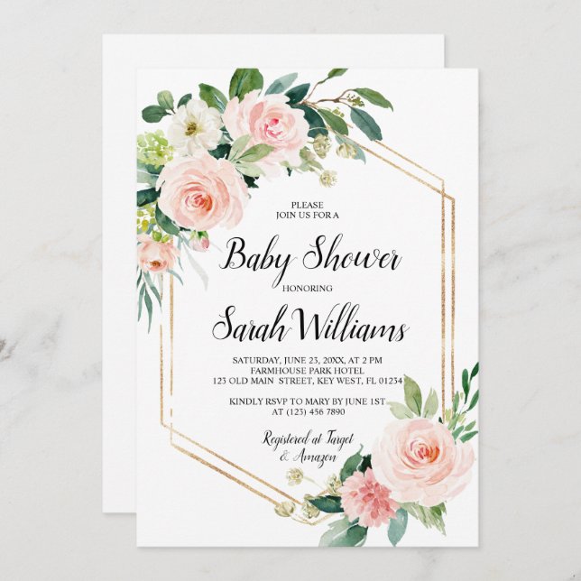 Blush Pink Rose Elegante Babydusche Einladung (Vorne/Hinten)