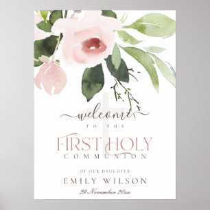 BLUSH PINK ROSE FLORA ERSTE HOLY COMMUNION WILLKOM POSTER