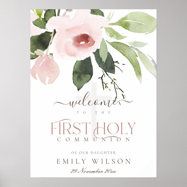 BLUSH PINK ROSE FLORA ERSTE HOLY COMMUNION WILLKOM POSTER (Vorne)