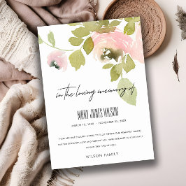 BLUSH PINK ROSE FLORA WATERCOLOR BEILEID MEMORIAL DANKESKARTE