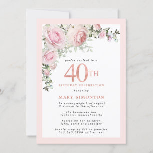 Blush Pink Rose Floral 40. Geburtstags-Party Einladung