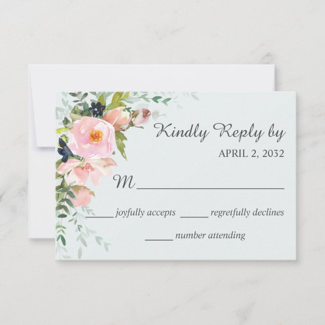 Blush Pink Rose Floral auf Light Blue Wedding RSVP Karte (Vorderseite)