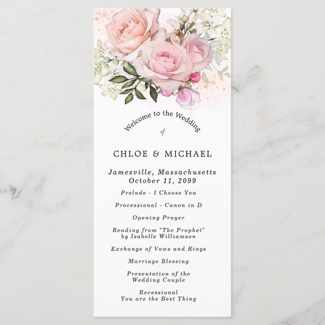 Blush Pink Rose Floral DIY Hochzeit Programm (Vorderseite)
